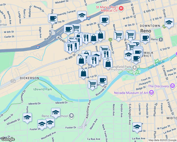 map of restaurants, bars, coffee shops, grocery stores, and more near 901 West 2nd Street in Reno