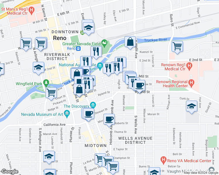 map of restaurants, bars, coffee shops, grocery stores, and more near 140 Holcomb Avenue in Reno