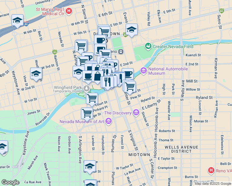 map of restaurants, bars, coffee shops, grocery stores, and more near in Reno