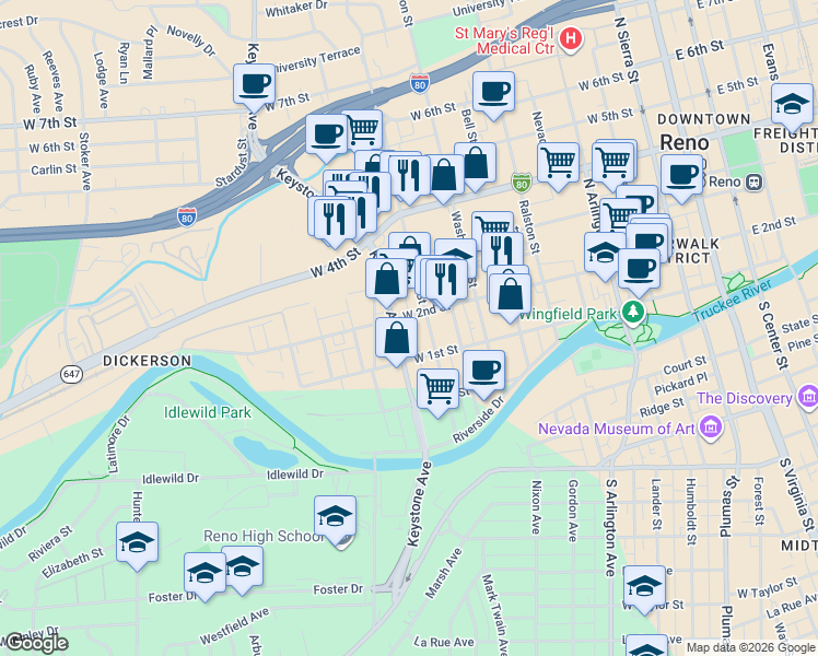 map of restaurants, bars, coffee shops, grocery stores, and more near 901 West 2nd Street in Reno