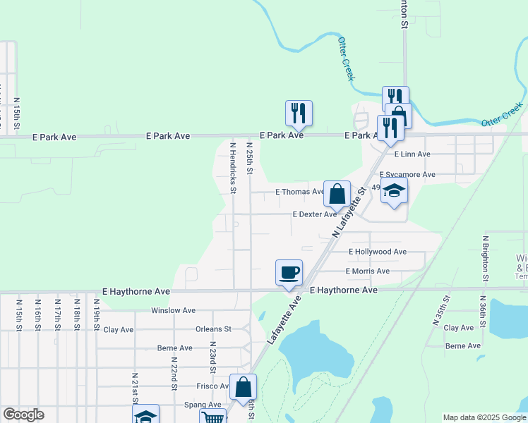 map of restaurants, bars, coffee shops, grocery stores, and more near 2535 East Thomas Avenue in Terre Haute