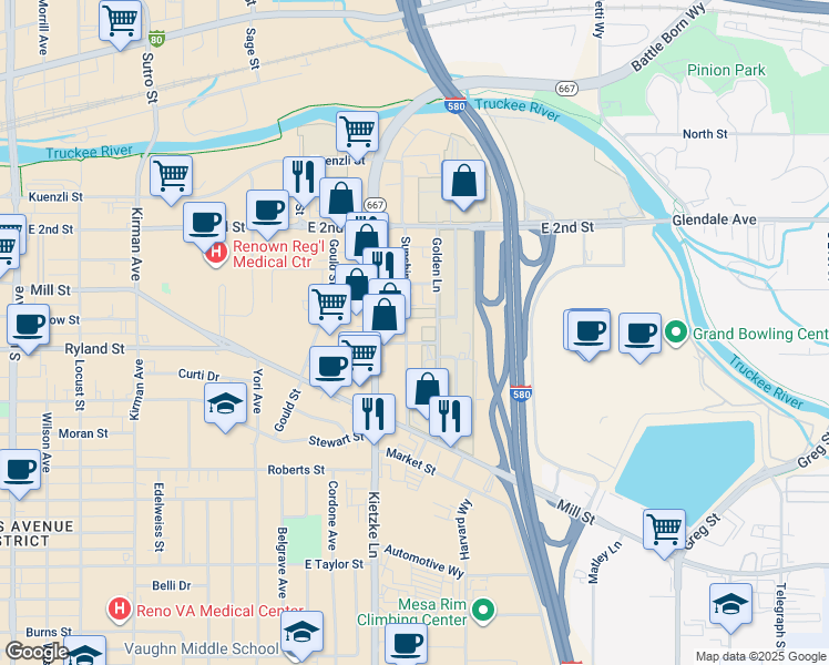 map of restaurants, bars, coffee shops, grocery stores, and more near 478 Sunshine Lane in Reno