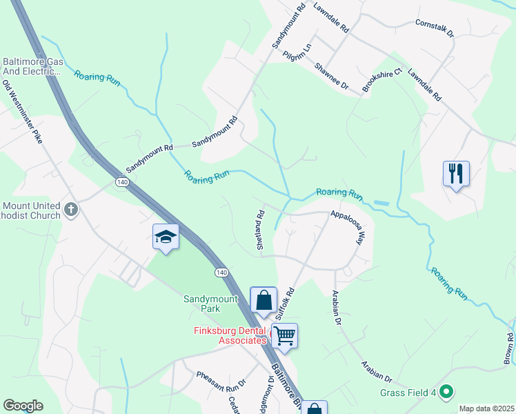 map of restaurants, bars, coffee shops, grocery stores, and more near 1900 Shetland Road in Finksburg