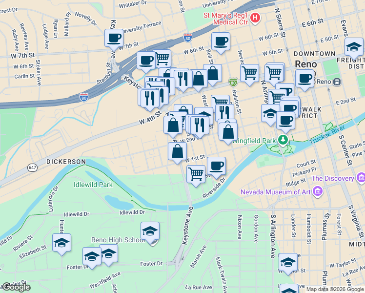 map of restaurants, bars, coffee shops, grocery stores, and more near 901 West 2nd Street in Reno