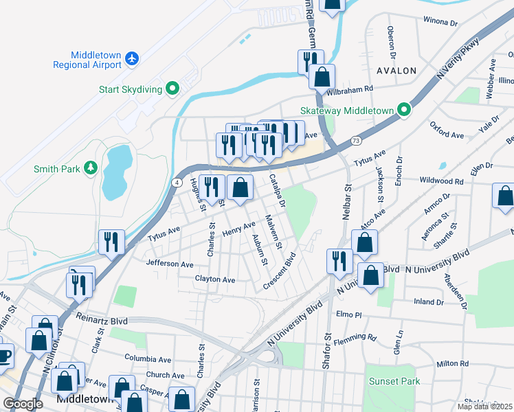 map of restaurants, bars, coffee shops, grocery stores, and more near 2205 Tytus Avenue in Middletown