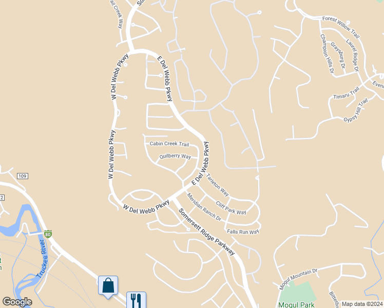 map of restaurants, bars, coffee shops, grocery stores, and more near 9109 Quilberry Way in Reno