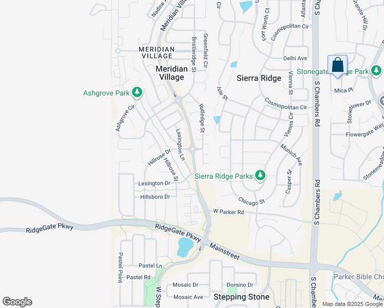 map of restaurants, bars, coffee shops, grocery stores, and more near Meridian Village Parkway in Parker