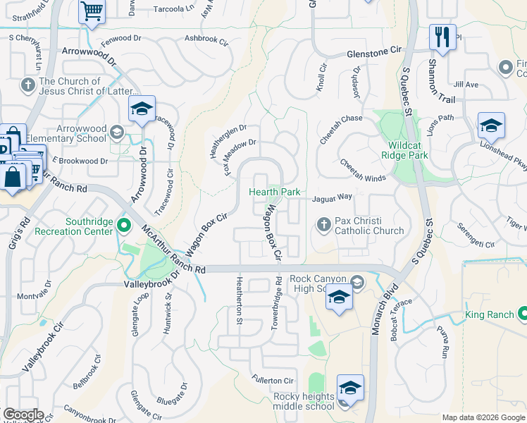 map of restaurants, bars, coffee shops, grocery stores, and more near 5358 Applebrook Lane in Littleton