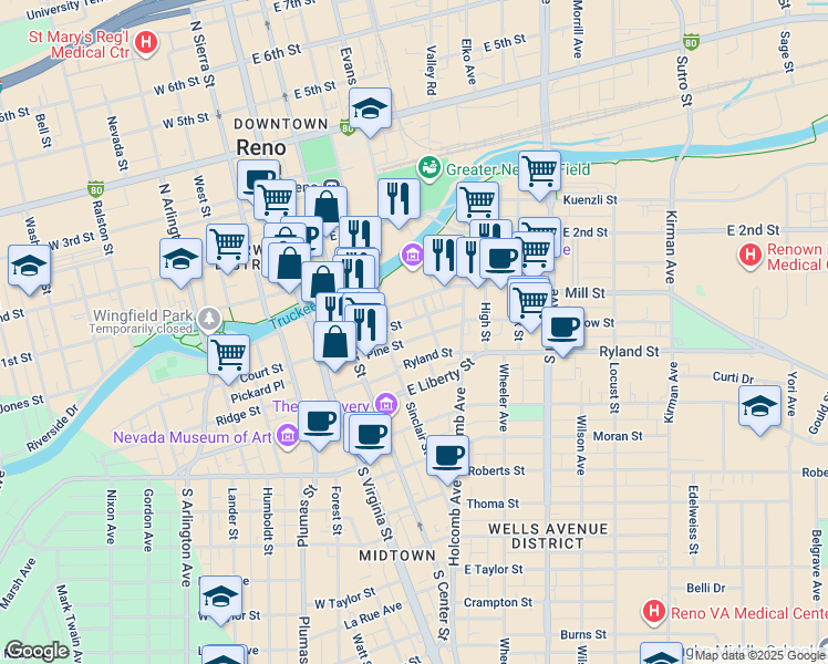 map of restaurants, bars, coffee shops, grocery stores, and more near 160 Sinclair Street in Reno