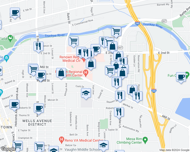 map of restaurants, bars, coffee shops, grocery stores, and more near 372 Maine Street in Reno
