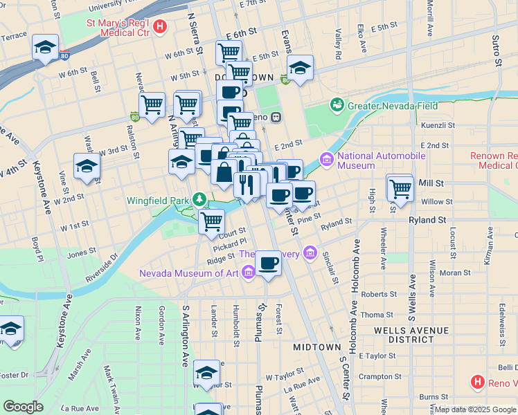 map of restaurants, bars, coffee shops, grocery stores, and more near in Reno