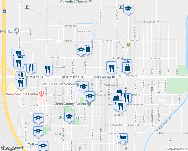 map of restaurants, bars, coffee shops, grocery stores, and more near 448 West Wood Street in Willows