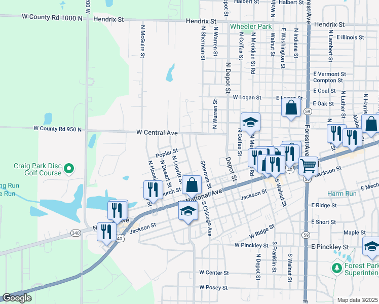 map of restaurants, bars, coffee shops, grocery stores, and more near 515 West Poplar Street in Brazil