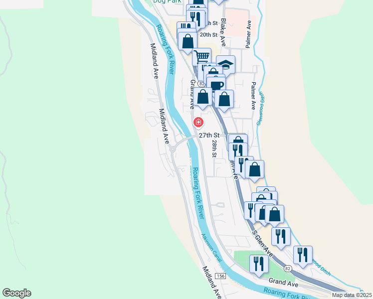 map of restaurants, bars, coffee shops, grocery stores, and more near 2706 Midland Avenue in Glenwood Springs