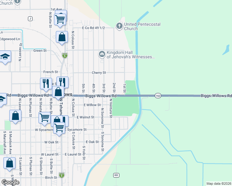 map of restaurants, bars, coffee shops, grocery stores, and more near 425 2nd Street in Willows