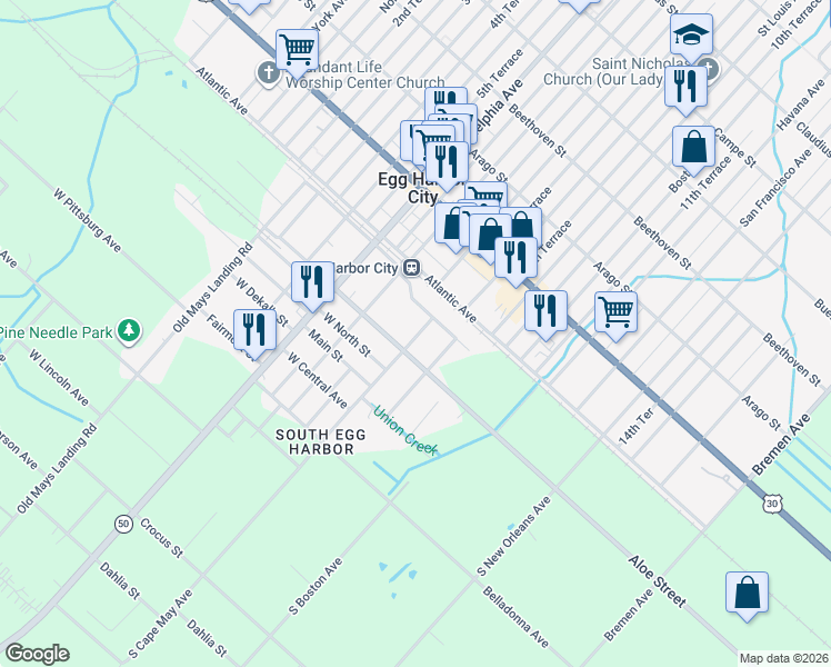 map of restaurants, bars, coffee shops, grocery stores, and more near 1311 Aloe Street in Egg Harbor City