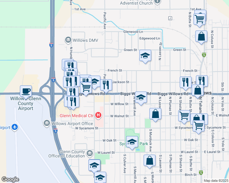 map of restaurants, bars, coffee shops, grocery stores, and more near 417 Jefferson Street in Willows