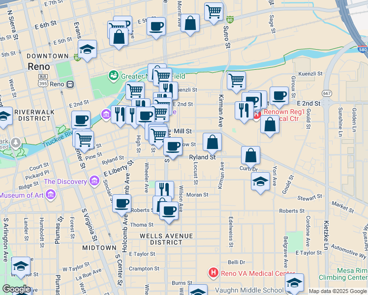 map of restaurants, bars, coffee shops, grocery stores, and more near 737 Willow Street in Reno