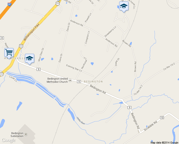 map of restaurants, bars, coffee shops, grocery stores, and more near 205 Evening Star Lane in Martinsburg