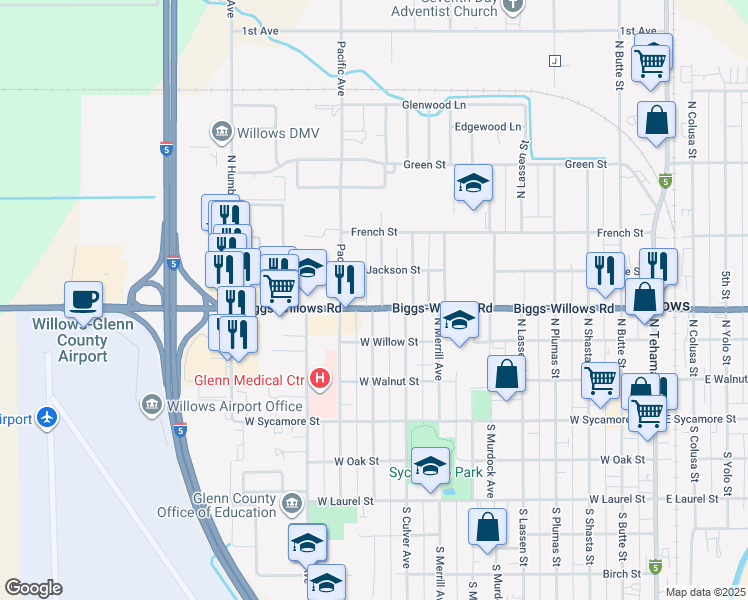 map of restaurants, bars, coffee shops, grocery stores, and more near 417 Jefferson Street in Willows
