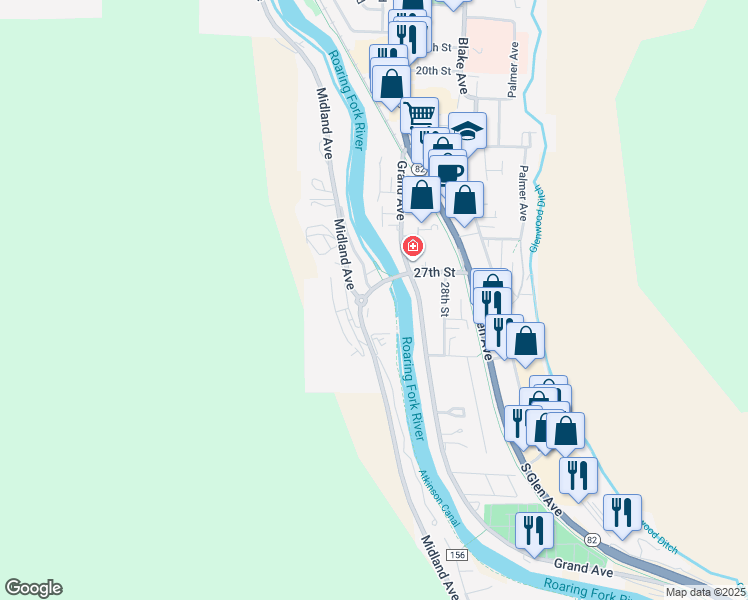 map of restaurants, bars, coffee shops, grocery stores, and more near 2664 Woodberry Drive in Glenwood Springs