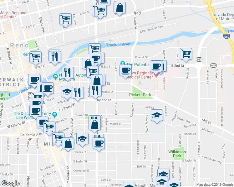 map of restaurants, bars, coffee shops, grocery stores, and more near 190 Locust Street in Reno