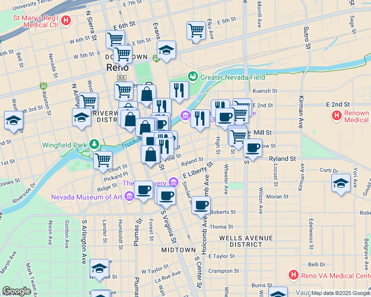 map of restaurants, bars, coffee shops, grocery stores, and more near 252 Mill Street in Reno
