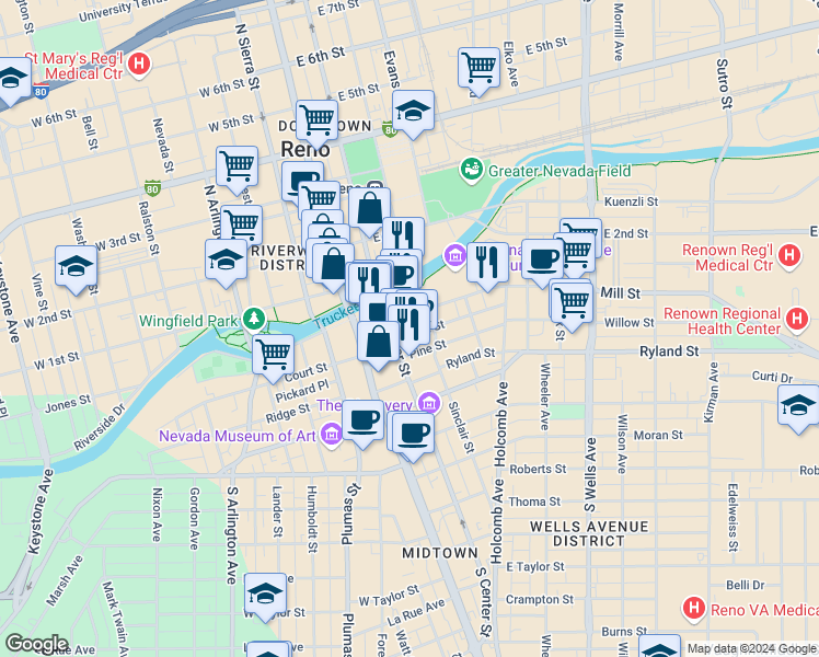 map of restaurants, bars, coffee shops, grocery stores, and more near 200 Mill Street in Reno