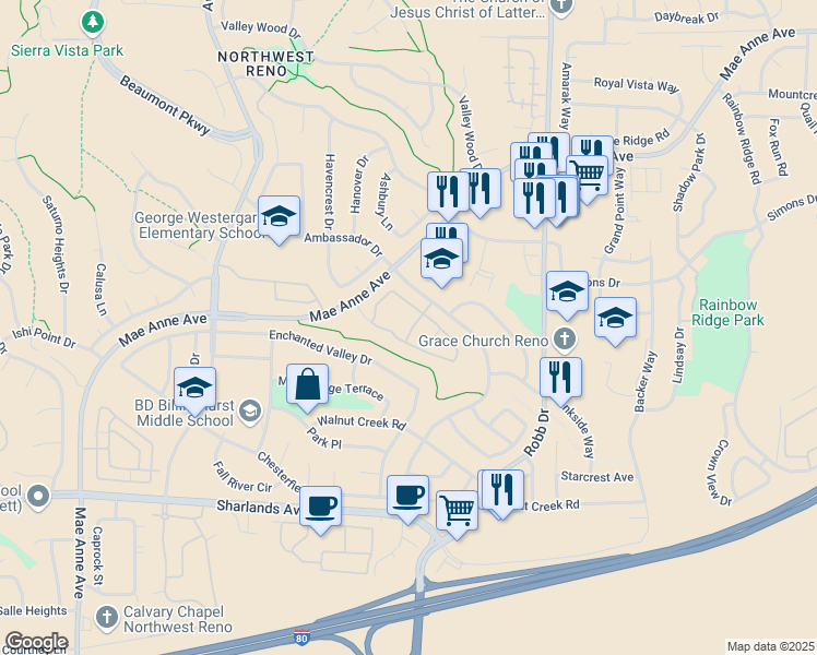map of restaurants, bars, coffee shops, grocery stores, and more near 6402 Mae Anne Avenue in Reno