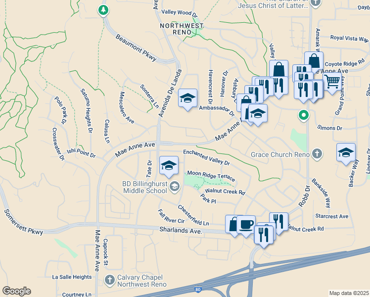 map of restaurants, bars, coffee shops, grocery stores, and more near 6633 Enchanted Valley Drive in Reno