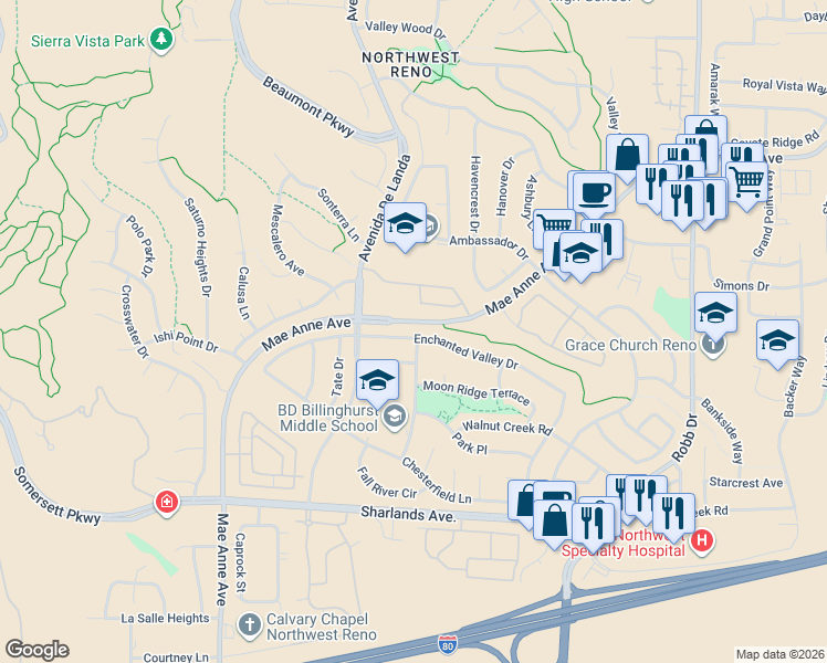 map of restaurants, bars, coffee shops, grocery stores, and more near 6633 Enchanted Valley Drive in Reno