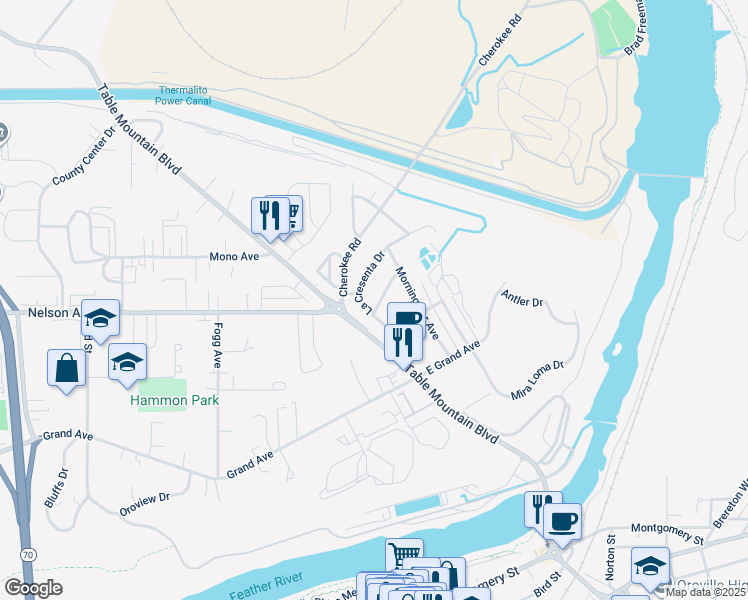 map of restaurants, bars, coffee shops, grocery stores, and more near 5 La Media Drive in Oroville