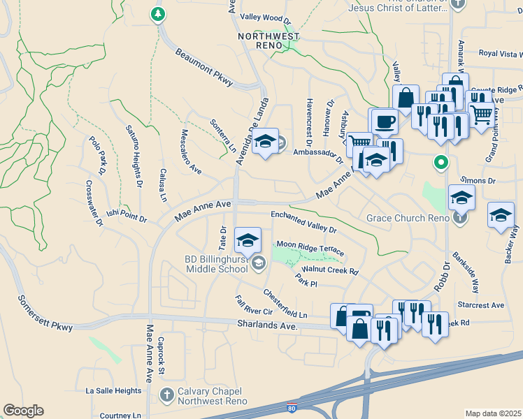 map of restaurants, bars, coffee shops, grocery stores, and more near 6633 Enchanted Valley Drive in Reno