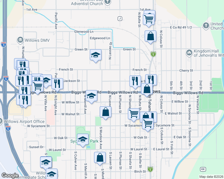 map of restaurants, bars, coffee shops, grocery stores, and more near 443 West Wood Street in Willows