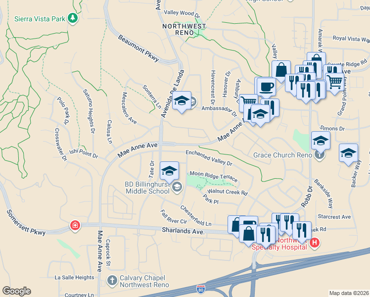 map of restaurants, bars, coffee shops, grocery stores, and more near 6633 Enchanted Valley Drive in Reno