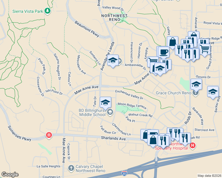 map of restaurants, bars, coffee shops, grocery stores, and more near 6633 Enchanted Valley Drive in Reno