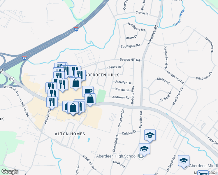 map of restaurants, bars, coffee shops, grocery stores, and more near 434 Bernice Terrace in Aberdeen