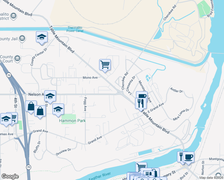 map of restaurants, bars, coffee shops, grocery stores, and more near 201 Table Mountain Boulevard in Oroville