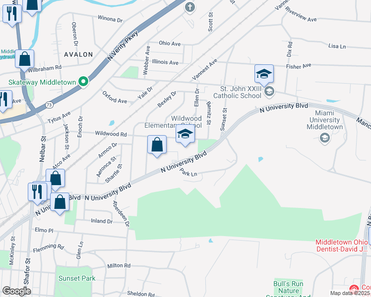 map of restaurants, bars, coffee shops, grocery stores, and more near 3300 Wildwood Road in Middletown