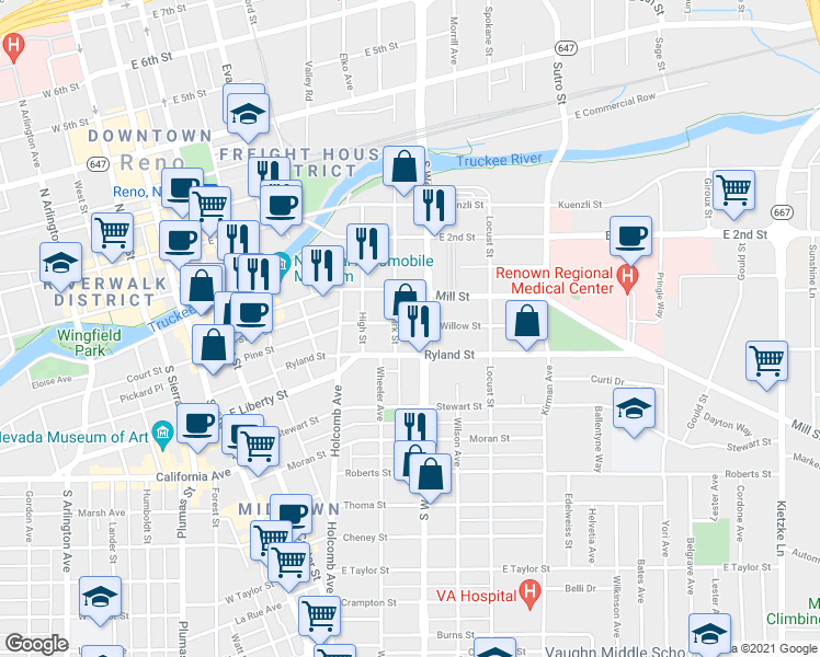 map of restaurants, bars, coffee shops, grocery stores, and more near 135 South Wells Avenue in Reno