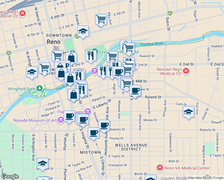 map of restaurants, bars, coffee shops, grocery stores, and more near 140 Holcomb Avenue in Reno