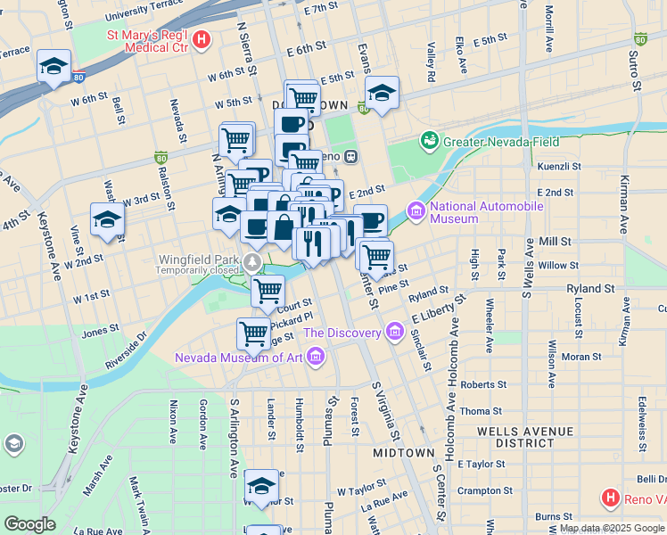 map of restaurants, bars, coffee shops, grocery stores, and more near in Reno
