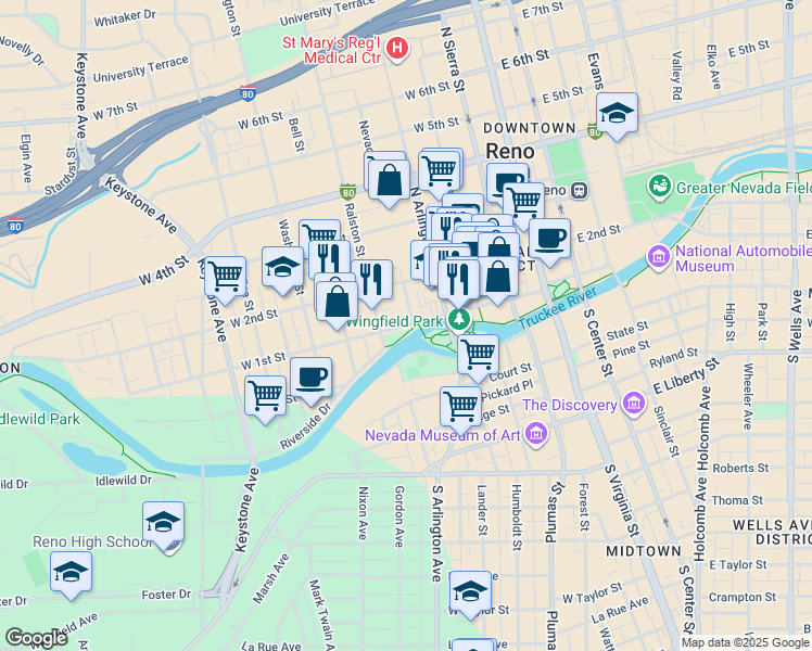 map of restaurants, bars, coffee shops, grocery stores, and more near in Reno