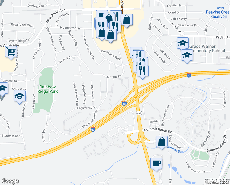 map of restaurants, bars, coffee shops, grocery stores, and more near 1350 Grand Summit Drive in Reno