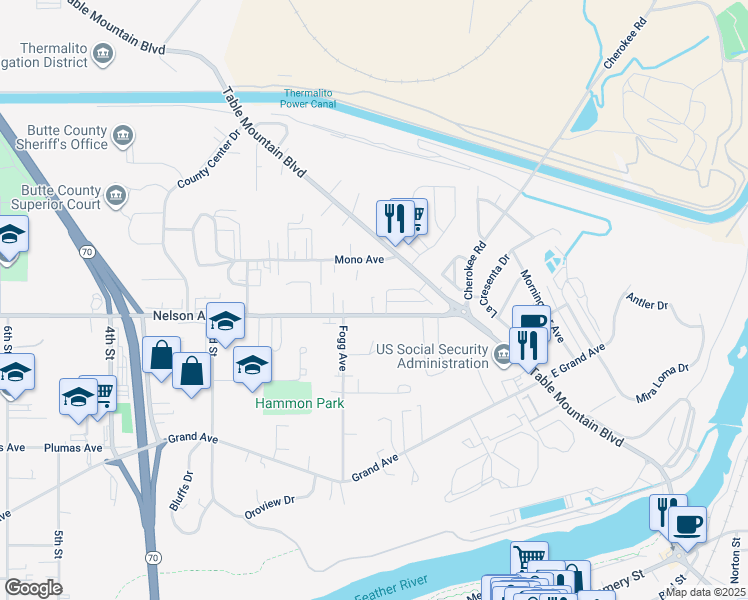 map of restaurants, bars, coffee shops, grocery stores, and more near 15 Mono Avenue in Oroville