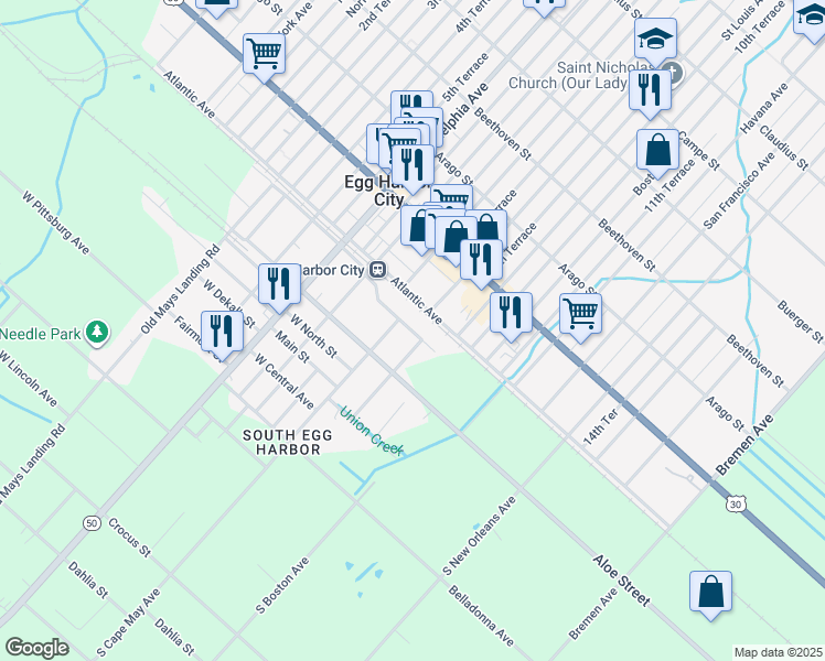 map of restaurants, bars, coffee shops, grocery stores, and more near 901 Atlantic Avenue in Egg Harbor City