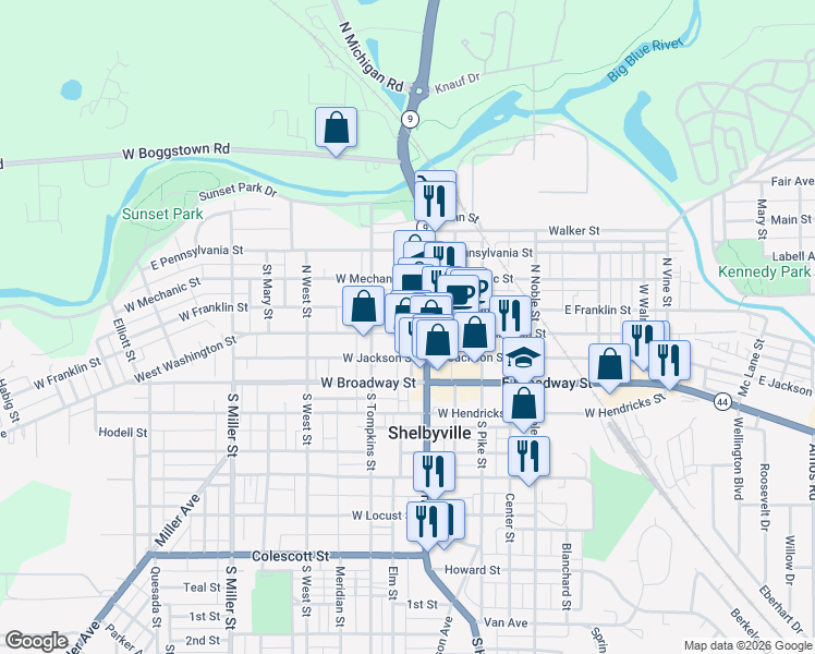 map of restaurants, bars, coffee shops, grocery stores, and more near 13 Public Square in Shelbyville
