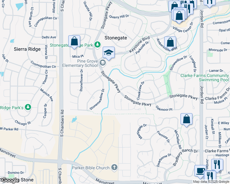 map of restaurants, bars, coffee shops, grocery stores, and more near 10575 Newlin Court in Parker
