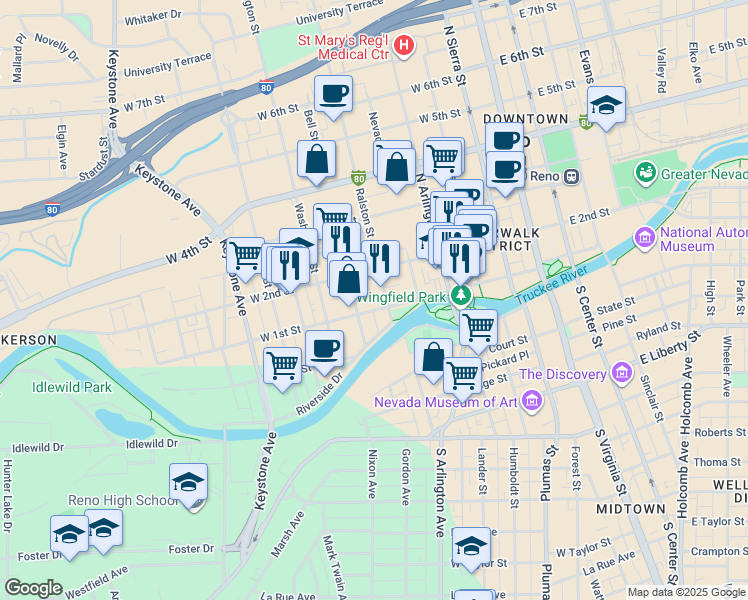 map of restaurants, bars, coffee shops, grocery stores, and more near 501 West 1st Street in Reno