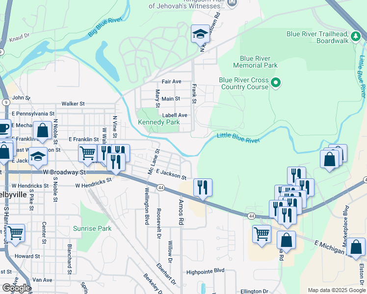 map of restaurants, bars, coffee shops, grocery stores, and more near 950 East Drive in Shelbyville